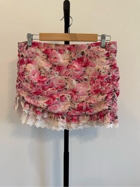 For Love And Lemons Daisy Mae Pink Floral Ruffle Mini Skirt Feminine Coquette Md